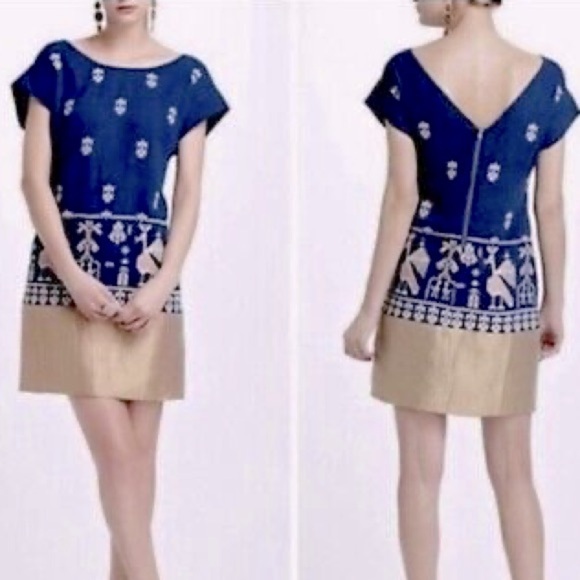Anthropologie Floreat Avian Myth Shift Dress Teal Gold Embroidered Aztec Size 0 - Picture 2 of 8